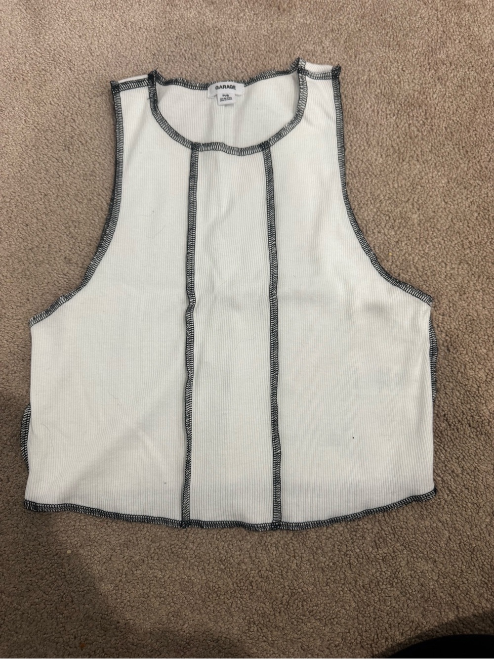 Garage White Ribbed Cropped Tank with Black Contrast Seams